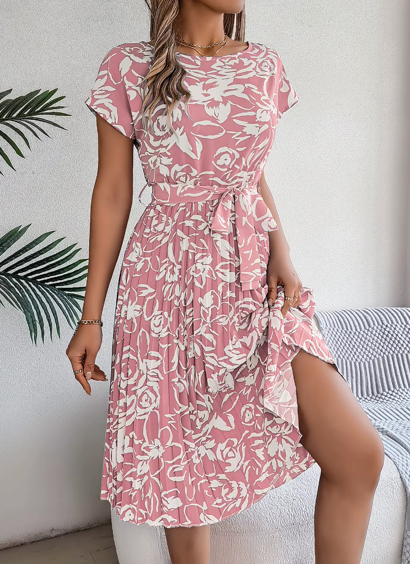 Casual Crew Neck Short Sleeve Floral Print Belted Dress