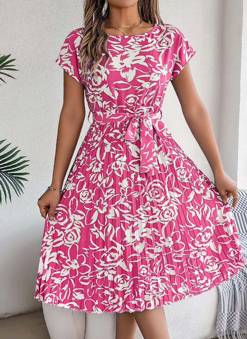 Casual Crew Neck Short Sleeve Floral Print Belted Dress