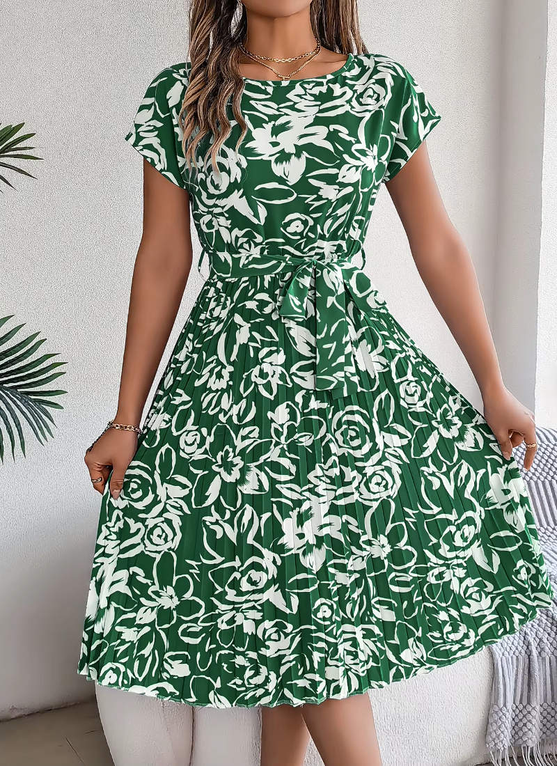 Casual Crew Neck Short Sleeve Floral Print Belted Dress