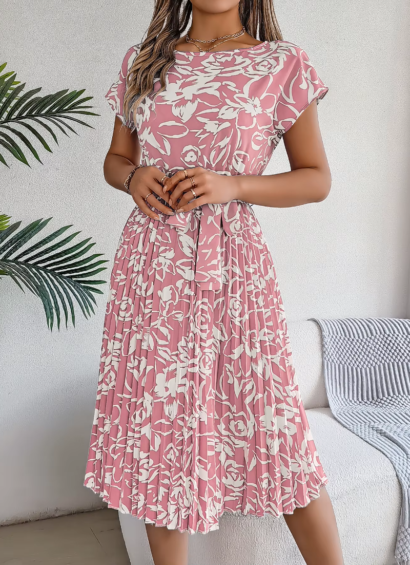 Casual Crew Neck Short Sleeve Floral Print Belted Dress