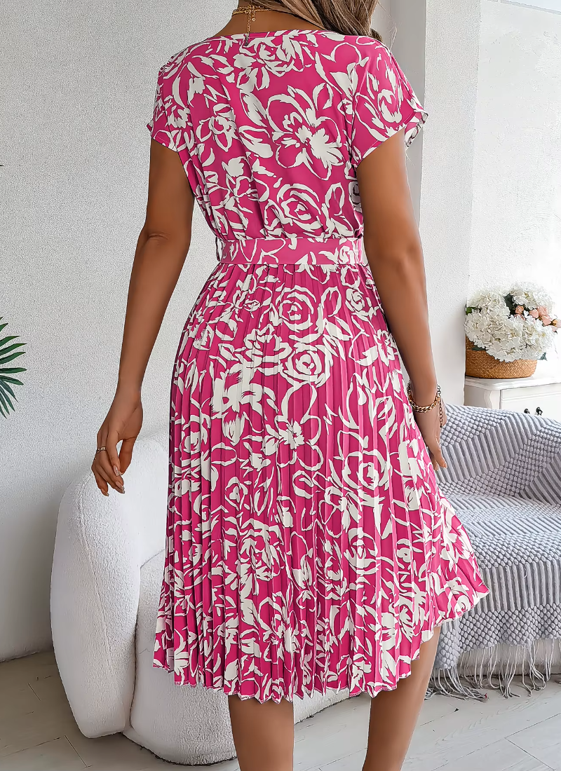 Casual Crew Neck Short Sleeve Floral Print Belted Dress