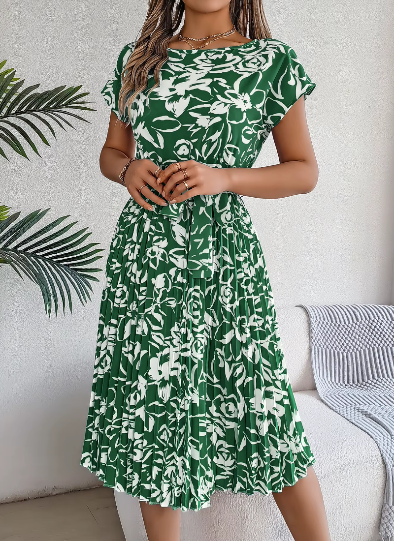 Casual Crew Neck Short Sleeve Floral Print Belted Dress