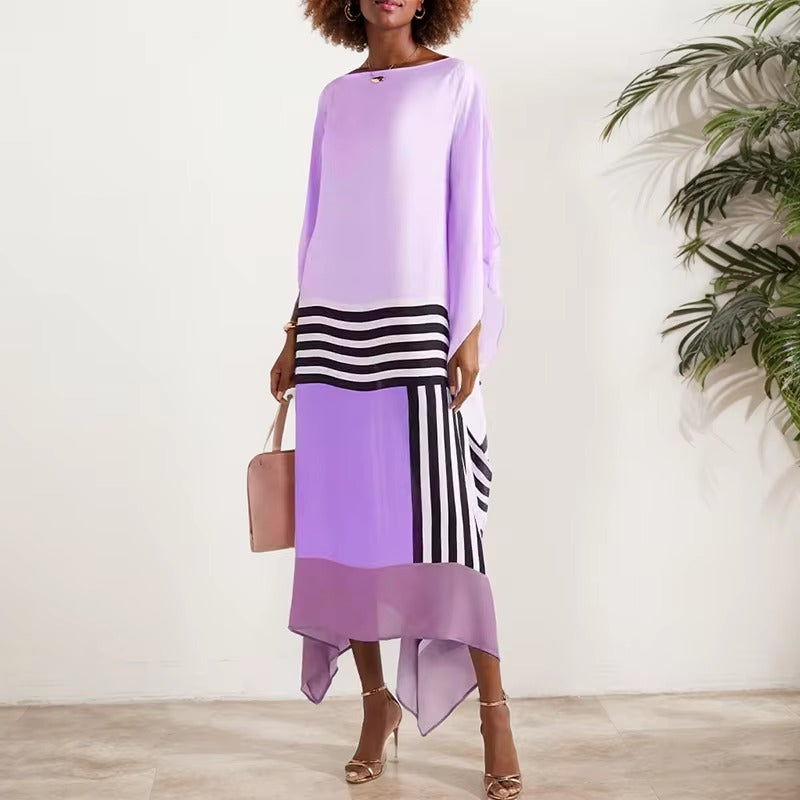 Casual Crew Neck Striped Printed Long Batwing Sleeve Irregular Loose Office Dress Dress