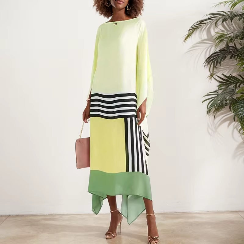 Casual Crew Neck Striped Printed Long Batwing Sleeve Irregular Loose Office Dress Dress