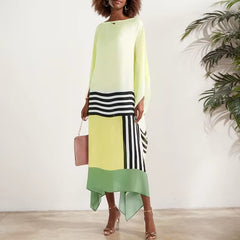 Casual Crew Neck Striped Printed Long Batwing Sleeve Irregular Loose Office Dress Dress
