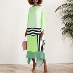 Casual Crew Neck Striped Printed Long Batwing Sleeve Irregular Loose Office Dress Dress