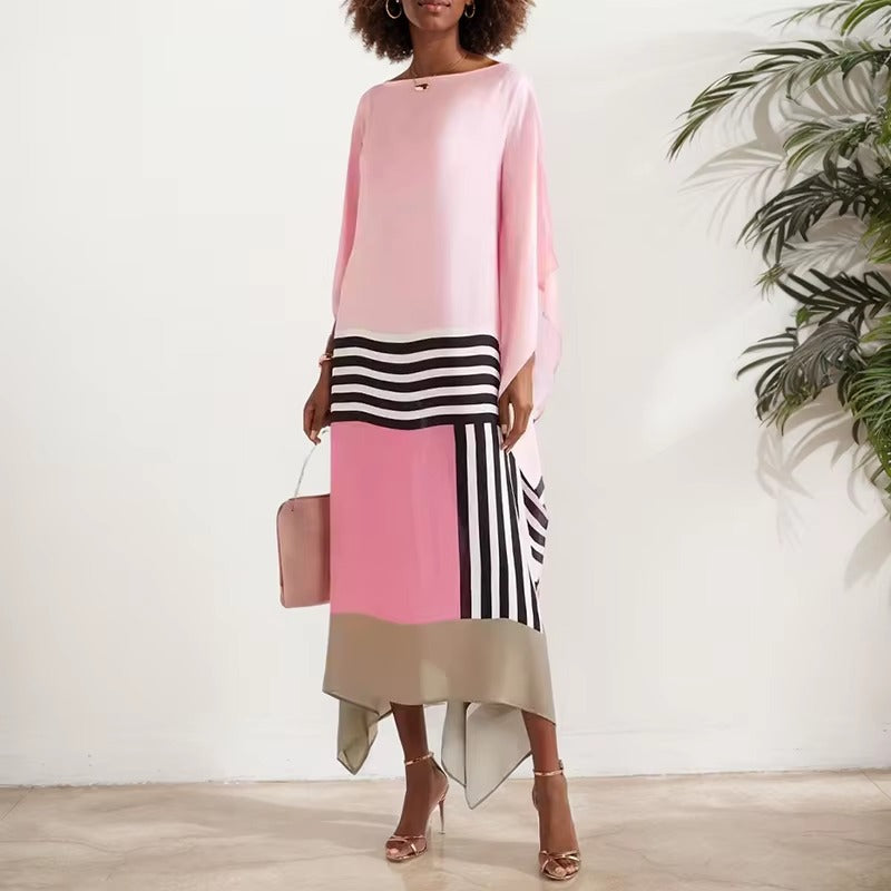 Casual Crew Neck Striped Printed Long Batwing Sleeve Irregular Loose Office Dress Dress
