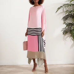 Casual Crew Neck Striped Printed Long Batwing Sleeve Irregular Loose Office Dress Dress