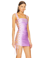 Casual Crisscross Hollow Out Binding Square Collar Sleeveless Lace Up Bodycon Mini Dress