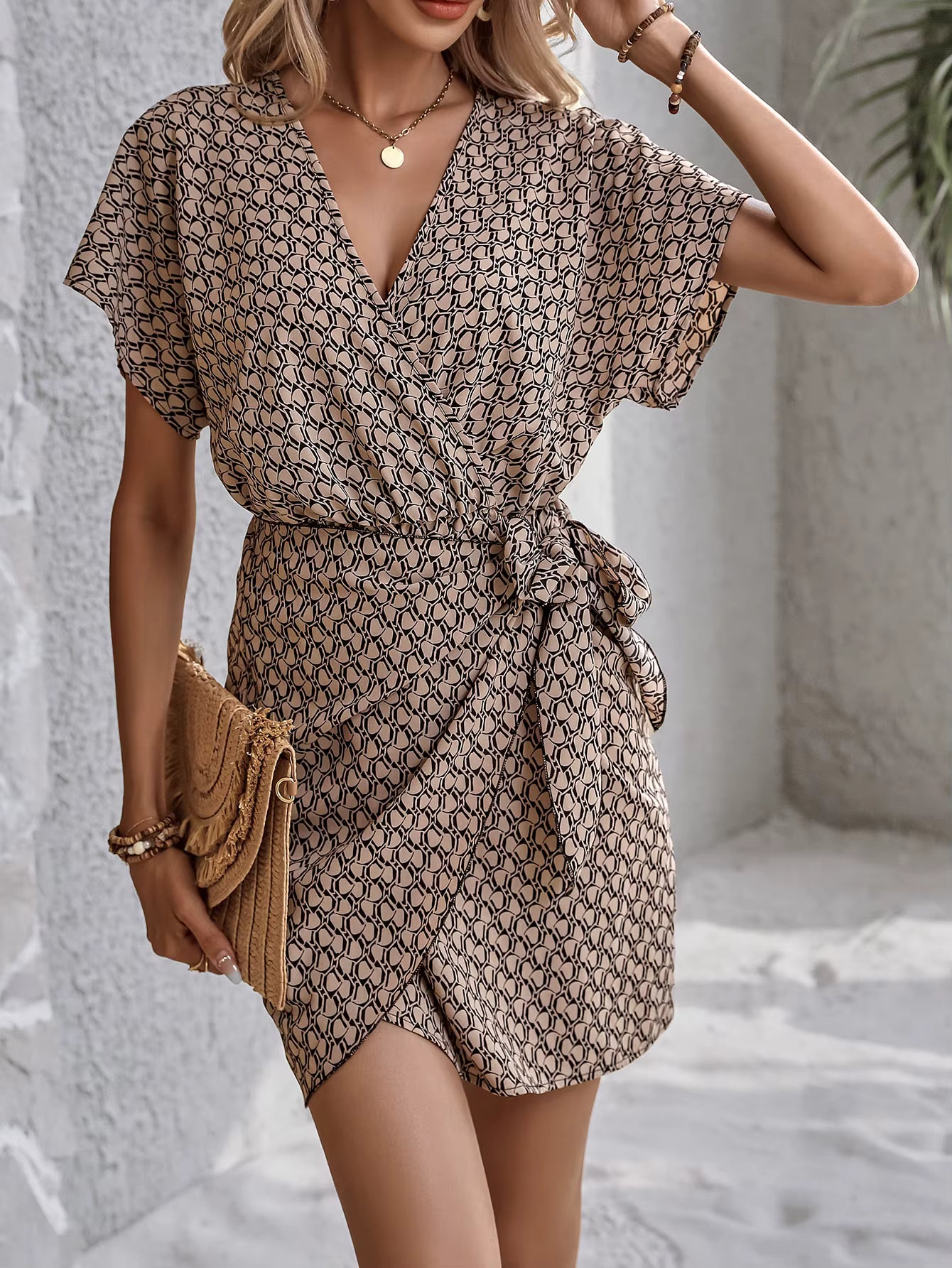 Casual Cross-Border Geometric Pattern Tied Bow V-neck Mini Dress