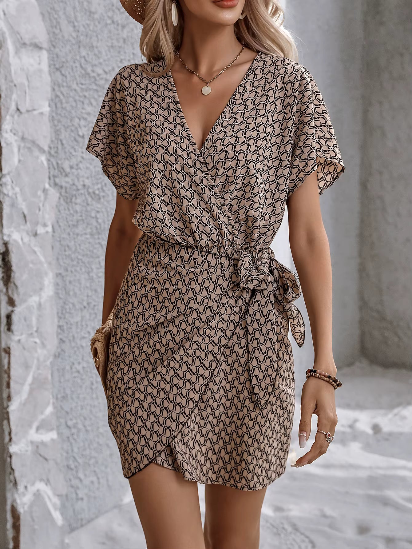 Casual Cross-Border Geometric Pattern Tied Bow V-neck Mini Dress