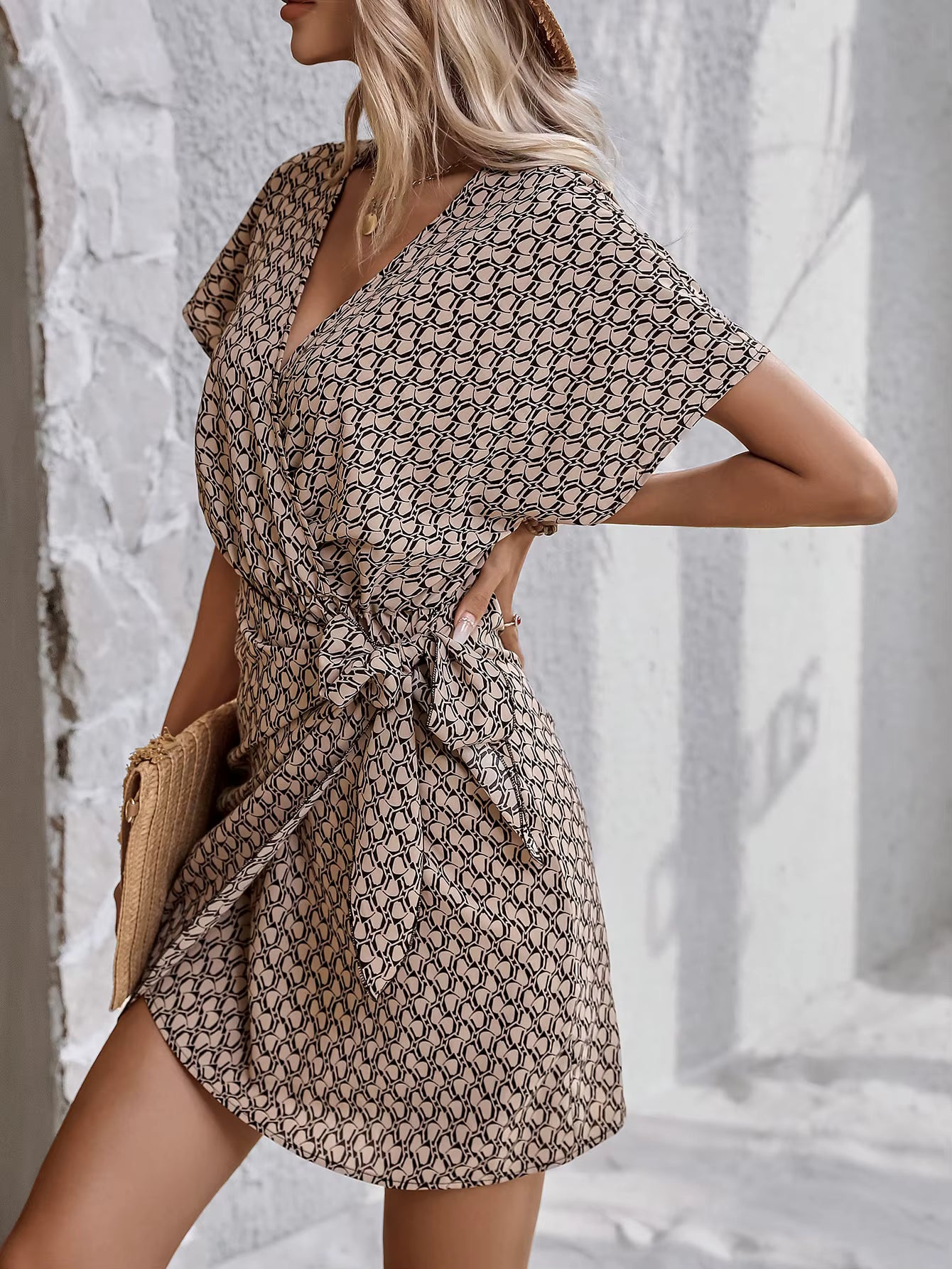 Casual Cross-Border Geometric Pattern Tied Bow V-neck Mini Dress