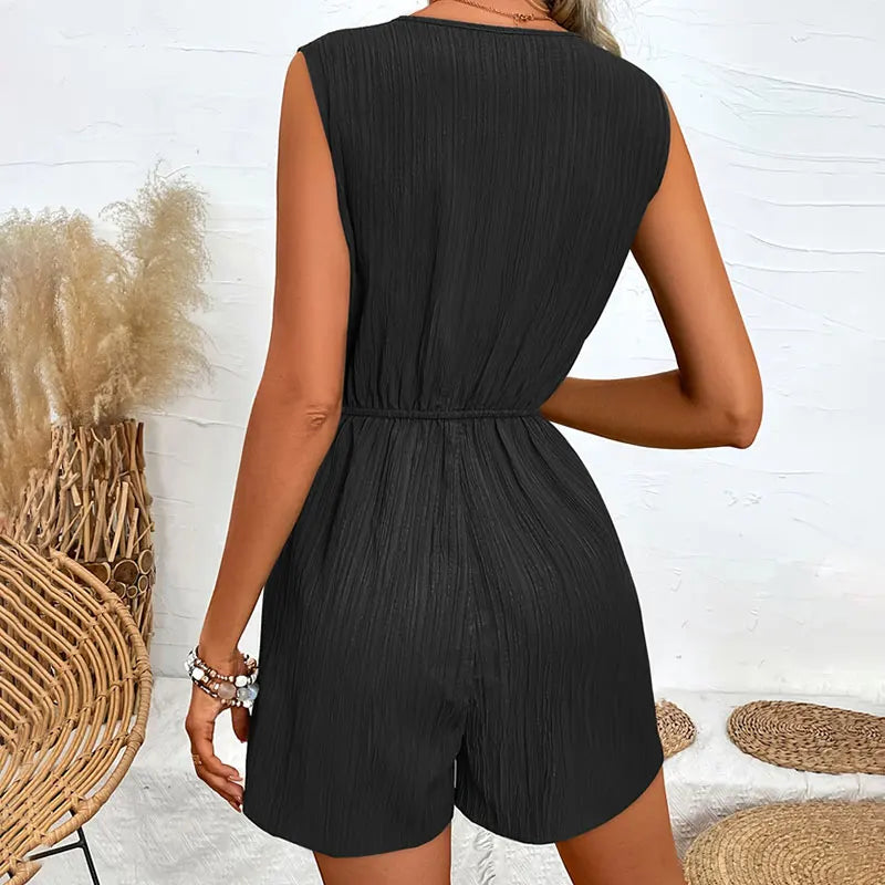 Casual Cross V-neck Herringbone Sleeveless Solid Short Jump Suit