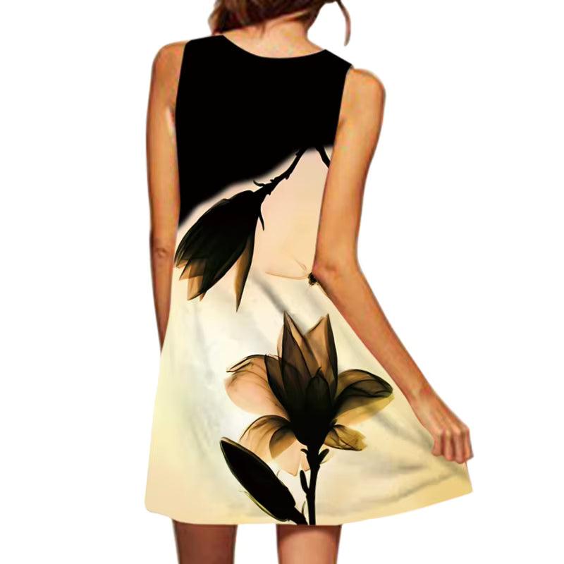 Casual Cross-border V-neck Sleeveless Printed Large Hem Knee-Length Dress