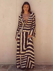 Casual Cut-Outs Deep V-Neck Flared Sleeve Floor Length Maxi Dress