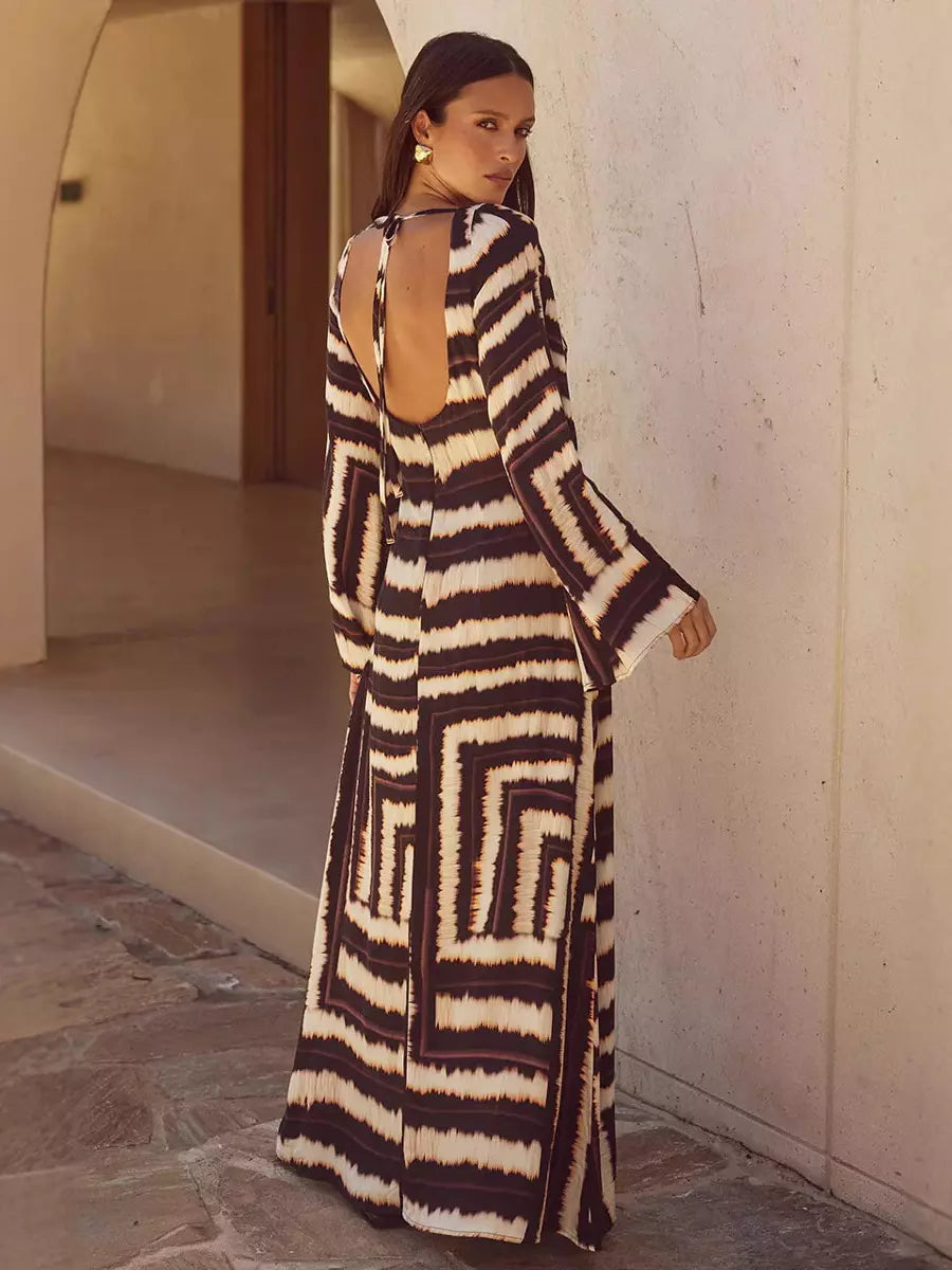 Casual Cut-Outs Deep V-Neck Flared Sleeve Floor Length Maxi Dress