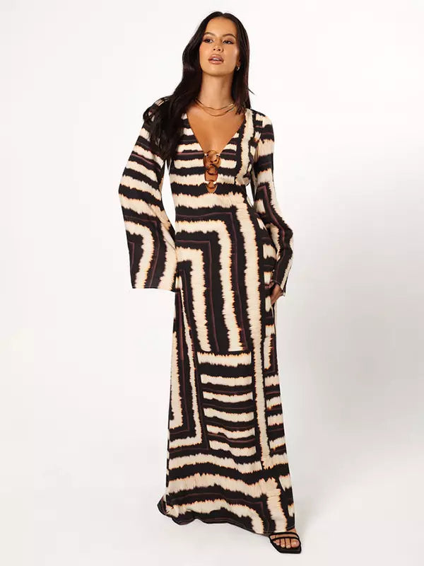 Casual Cut-Outs Deep V-Neck Flared Sleeve Floor Length Maxi Dress