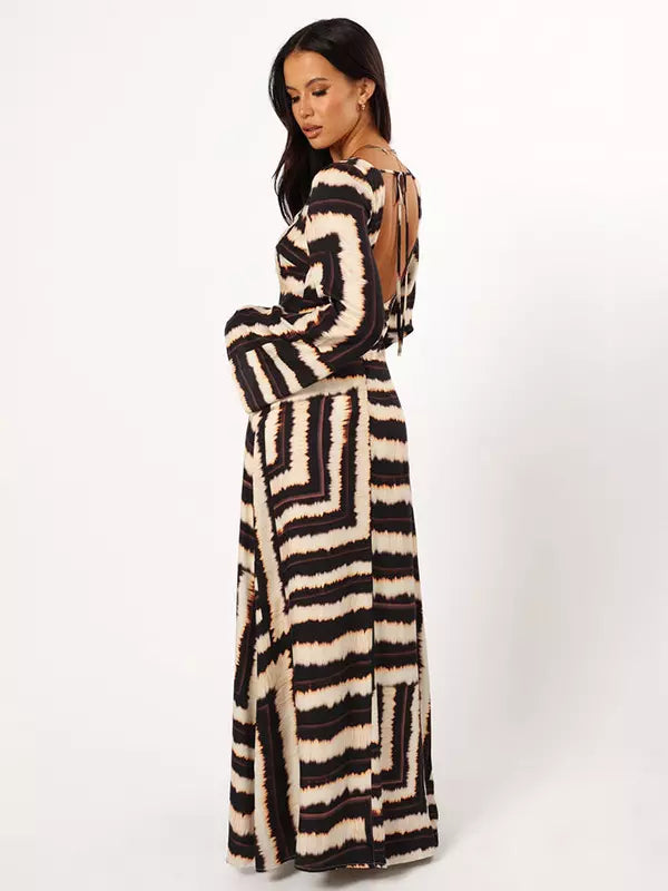 Casual Cut-Outs Deep V-Neck Flared Sleeve Floor Length Maxi Dress