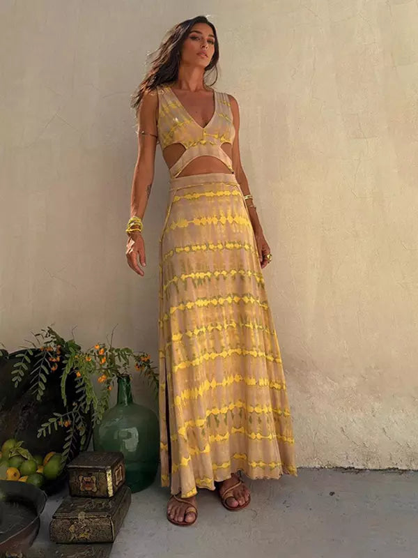 Casual Cutout Waist V-neck Open Back Boho Tie-Dye Maxi Slit Dress