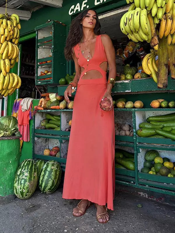 Elegant V-neck Cut-Outs Open Back Sleeveless Maxi Slit Dress