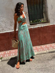 Casual Cutout Waist V-neck Open Back Boho Tie-Dye Maxi Slit Dress