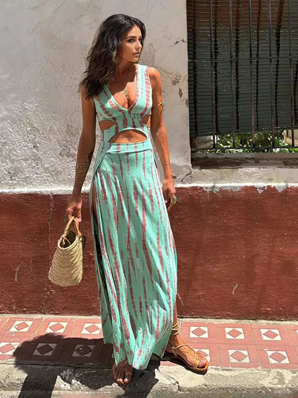 Casual Cutout Waist V-neck Open Back Boho Tie-Dye Maxi Slit Dress