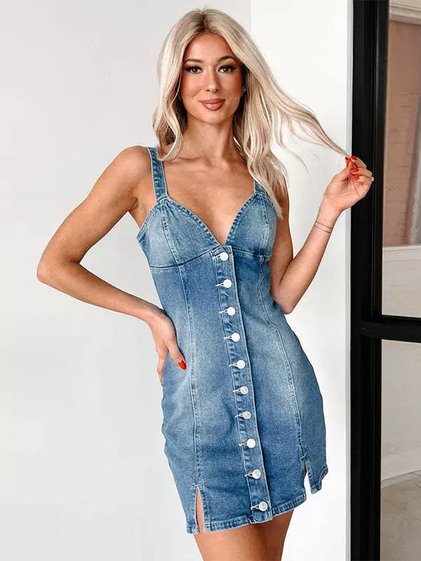 Casual Deep V-Neck And Front Buttons Denim Mini Dress