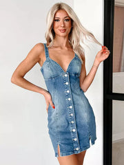 Casual Deep V-Neck And Front Buttons Denim Mini Dress