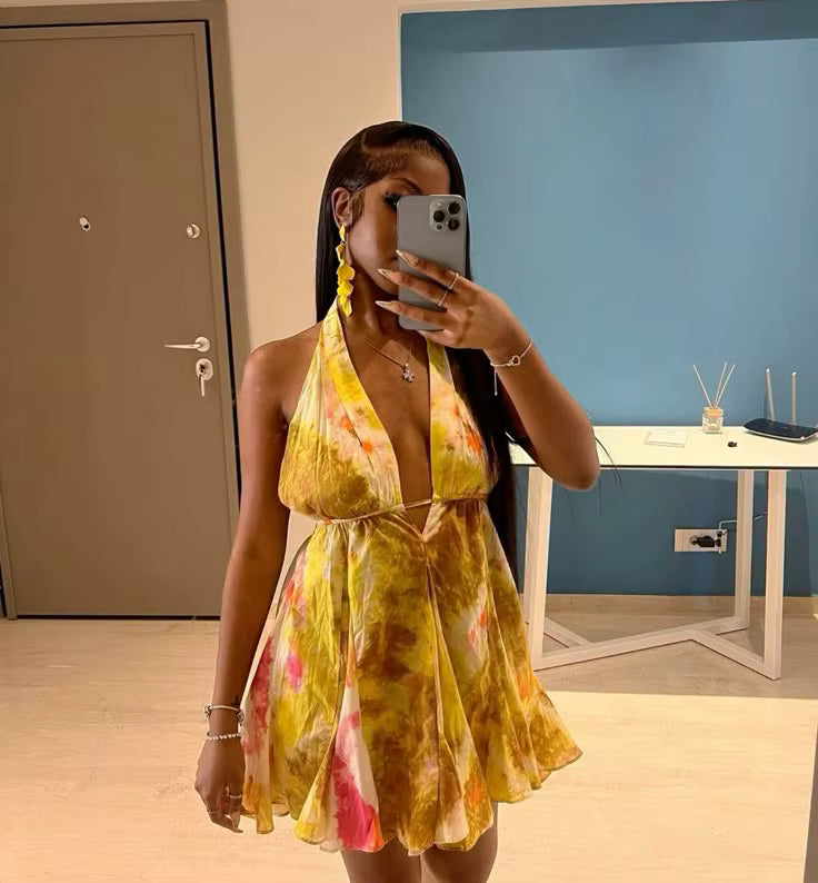Casual Deep V-Neck Backless Skinny Printed Halter Clubwear Mini Dress