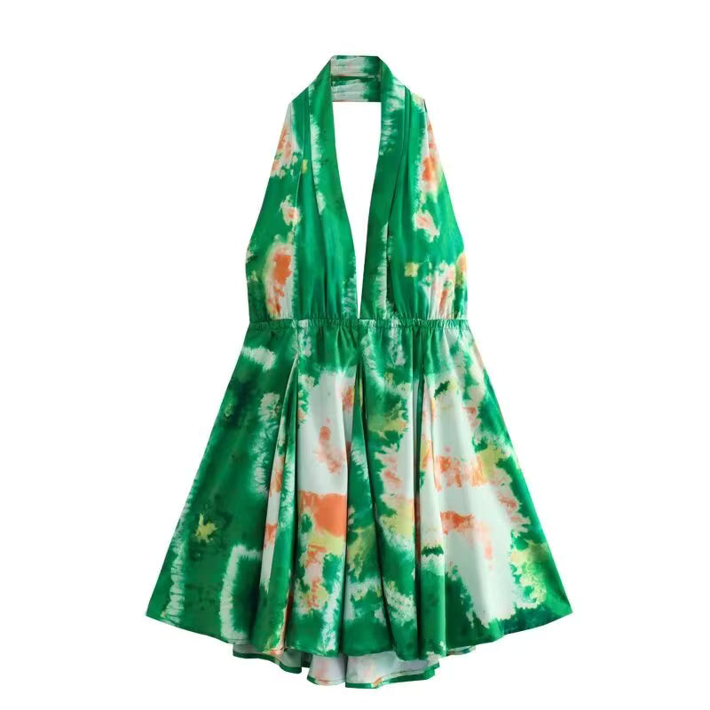 Casual Deep V-Neck Backless Skinny Printed Halter Clubwear Mini Dress