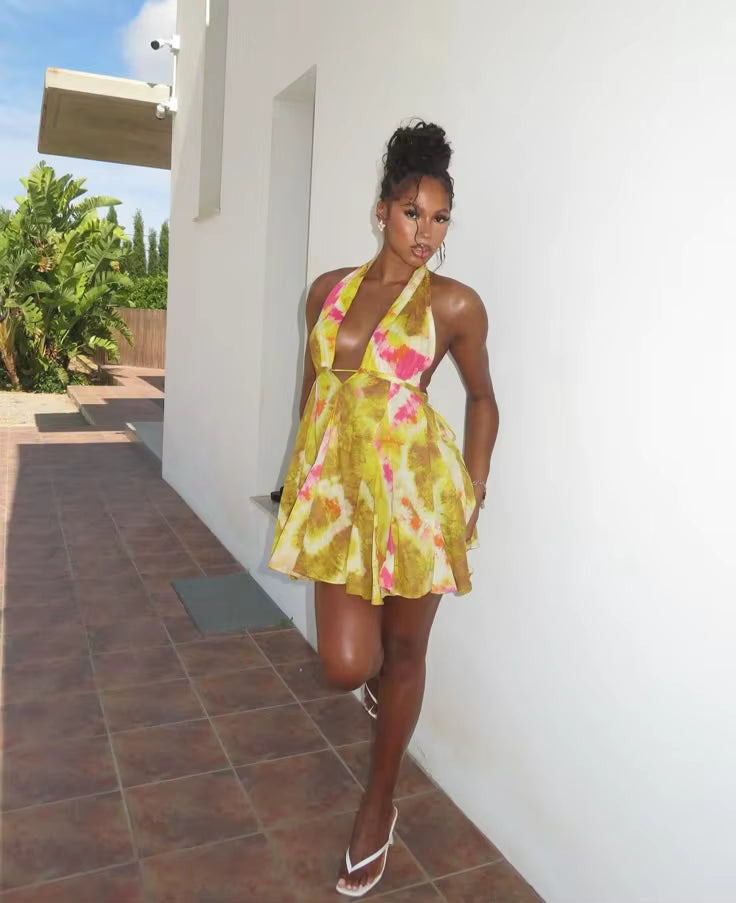 Casual Deep V-Neck Backless Skinny Printed Halter Clubwear Mini Dress