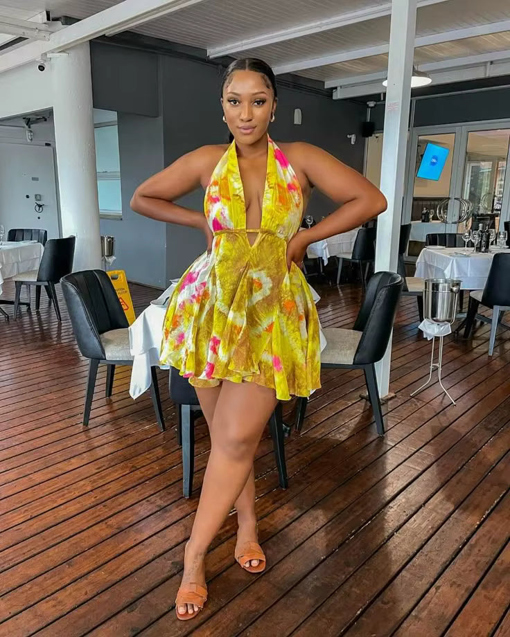 Casual Deep V-Neck Backless Skinny Printed Halter Clubwear Mini Dress