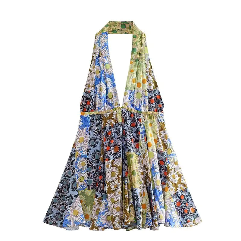 Casual Deep V-Neck Backless Skinny Printed Halter Clubwear Mini Dress