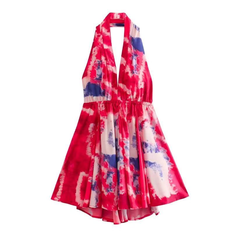 Casual Deep V-Neck Backless Skinny Printed Halter Clubwear Mini Dress