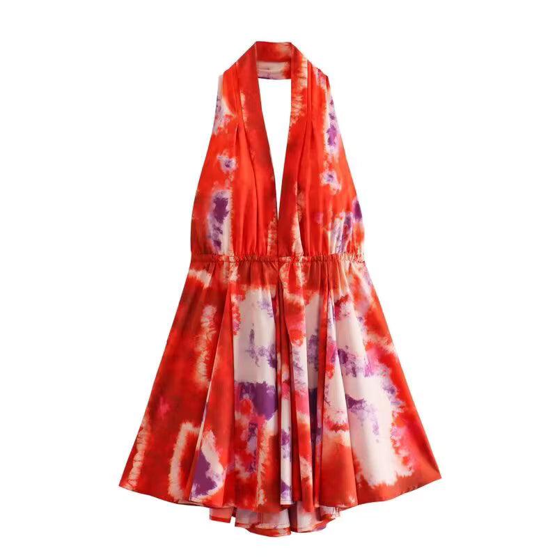 Casual Deep V-Neck Backless Skinny Printed Halter Clubwear Mini Dress