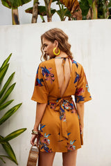 Casual Deep V Neck Beach Sundress Chic Floral Print Mini Dress