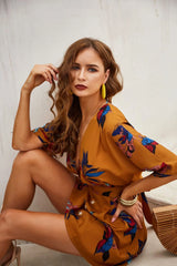 Casual Deep V Neck Beach Sundress Chic Floral Print Mini Dress