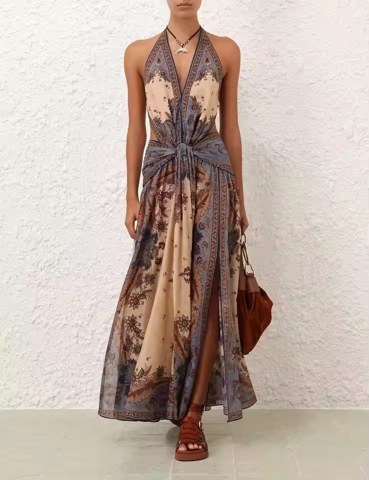 Casual Deep V Neck Cut Out High Slit Backless Midi Dress