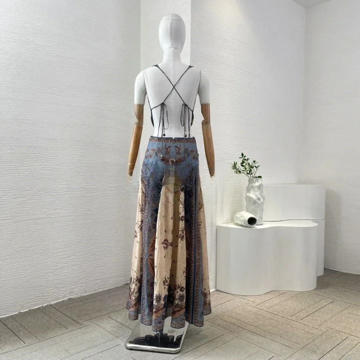 Casual Deep V Neck Cut Out High Slit Backless Midi Dress