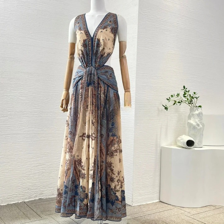 Casual Deep V Neck Cut Out High Slit Backless Midi Dress