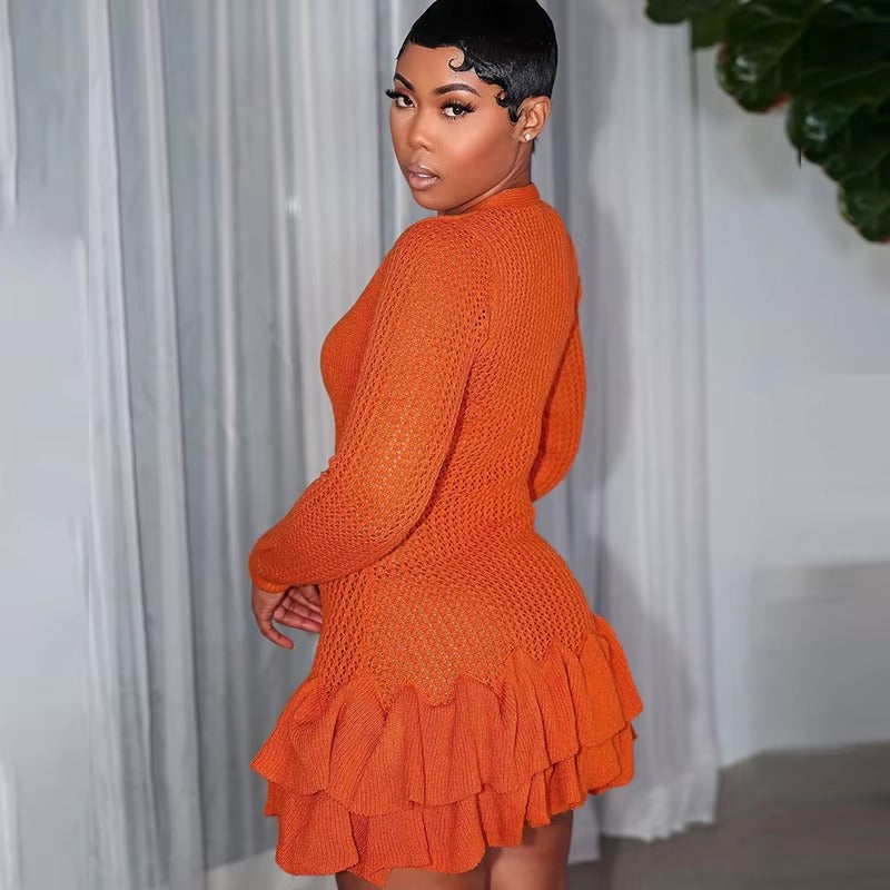Casual Deep V-Neck Full Sleeve Knitted Mini Tierred Dresses