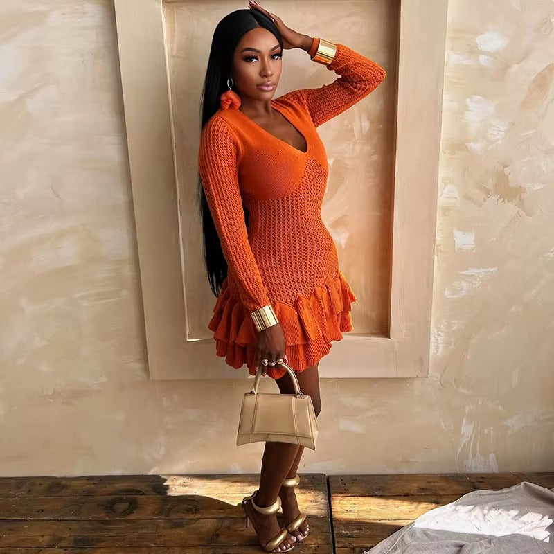 Casual Deep V-Neck Full Sleeve Knitted Mini Tierred Dresses