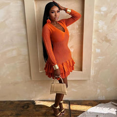Casual Deep V-Neck Full Sleeve Knitted Mini Tierred Dresses