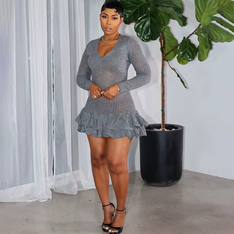 Casual Deep V-Neck Full Sleeve Knitted Mini Tierred Dresses