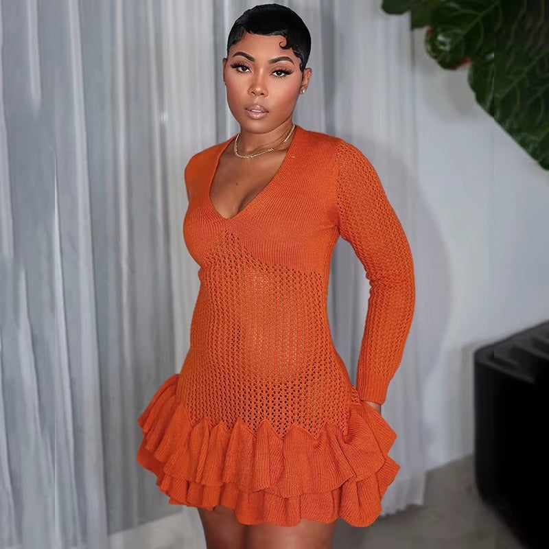 Casual Deep V-Neck Full Sleeve Knitted Mini Tierred Dresses