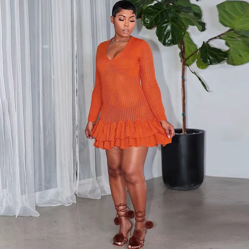 Casual Deep V-Neck Full Sleeve Knitted Mini Tierred Dresses