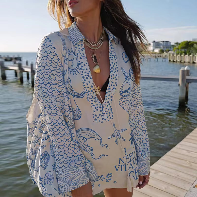 Casual Deep V-Neck Lace Up Pattern Printed Long Sleeve Two Piece Sets
