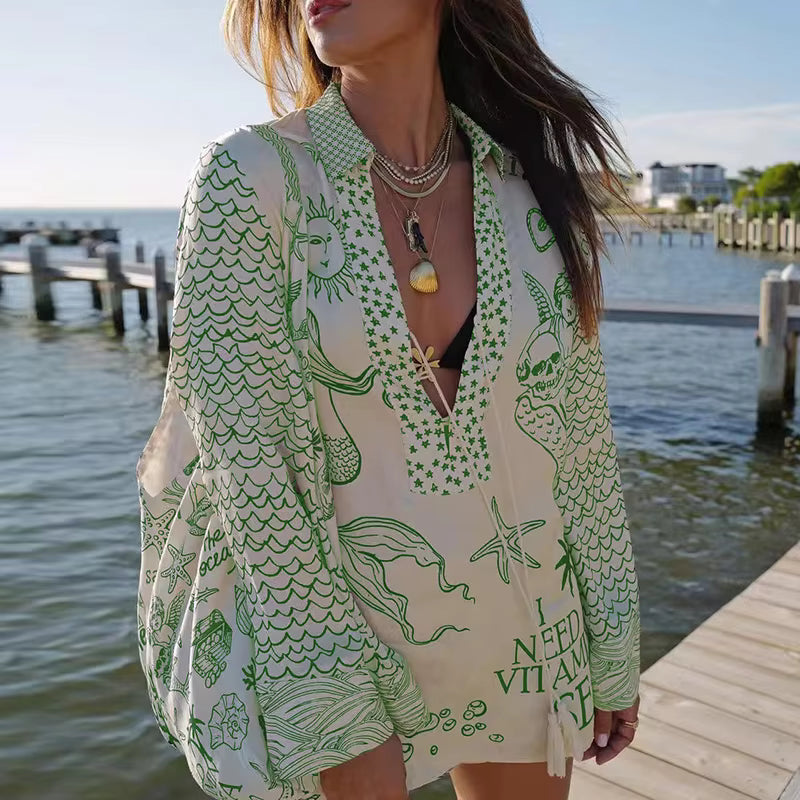 Casual Deep V-Neck Lace Up Pattern Printed Long Sleeve Two Piece Sets