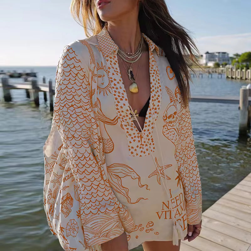 Casual Deep V-Neck Lace Up Pattern Printed Long Sleeve Two Piece Sets