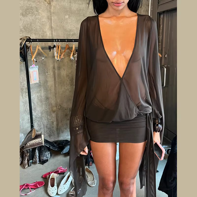 Casual Deep V Neck Long Sleeve See Through Mesh Shirtdress Mini Dress